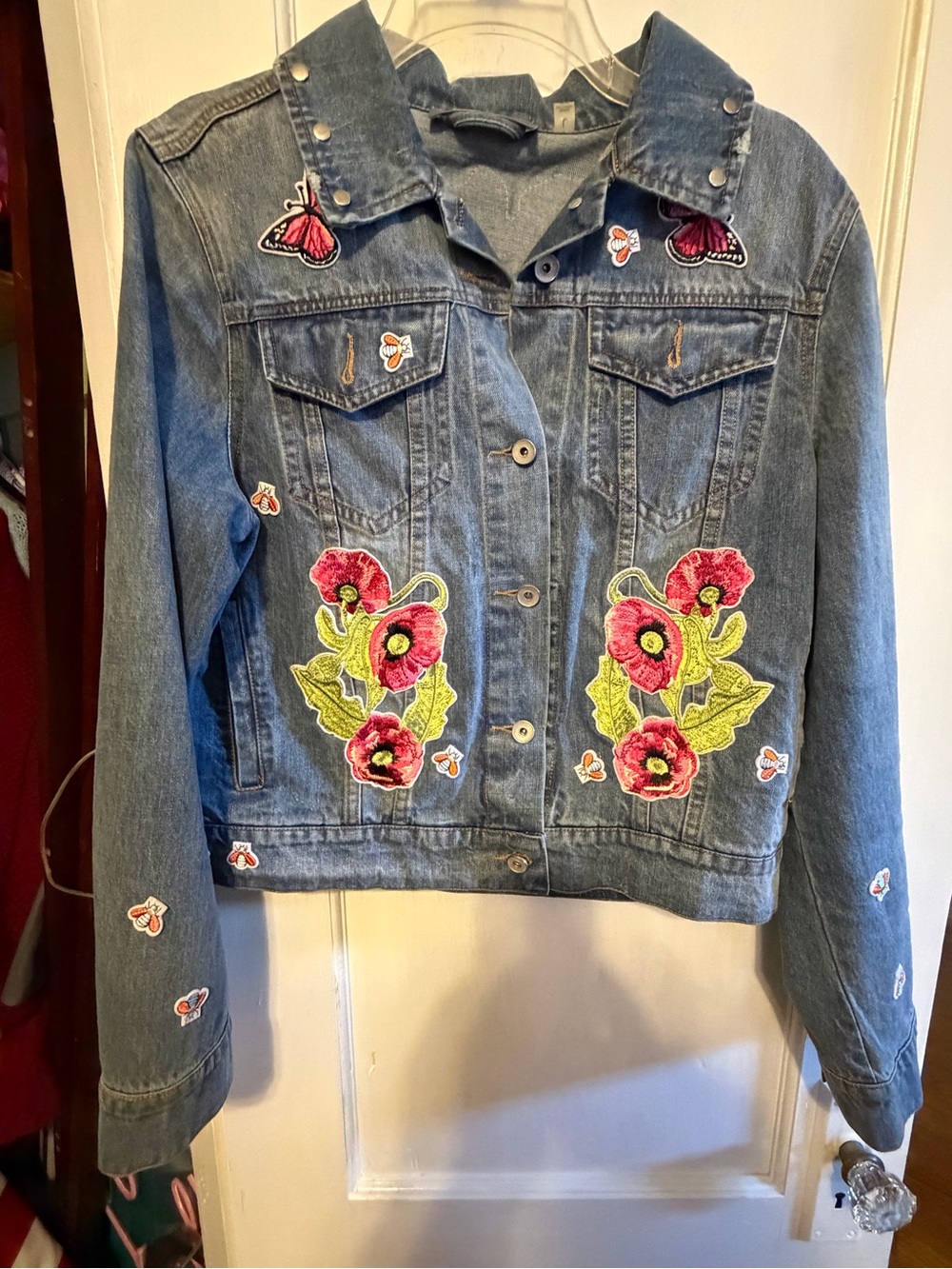 Bagatelle Collection Embroidered Denim Jacket Floral Butterfly Patch Sz L